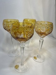 Nachtmann «Traube» Amber/Yellow Cut to Clear Crystal Hock Wine Glasses 4 *READ*