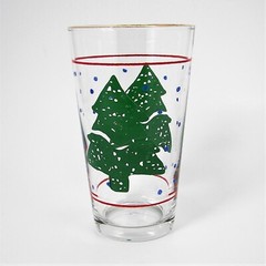 Christmas Tree Holiday Glass Tumbler Gold Rim Red Stripe Blue Snow Vintage
