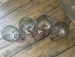 VTG Euroglass Italy 4 Hand Blown Wine Glasses Pink Stem Teal Bowl Iridescent