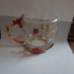 Enamel Glass Mug Rose Butterfly Tea Cup Red Floral Gold Tone with Rhinestones