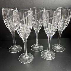 5 Mikasa Uptown Crystal Water Wine Glasses Goblets Diagonal Swirl Textured Foot