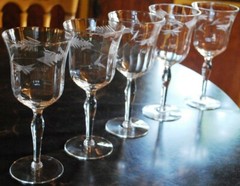 Vintage WESTON Set 5 WATER WINE GOBLET GLASSES Hand Etched OPTIC PANEL 7.5″