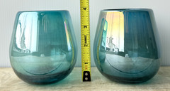 Handblown Stemless Wine Glass Pair 4″/10cm Tall Blue Teal Aquamarine