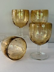4 Vintage Bartlett Collins Atomic Starburst Amber Thumbprint Goblets MCM