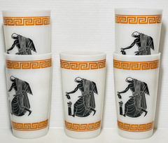 Vintage Greek Warriors Drinking Set of 5 Milk Glass Tumbler Glasses 5 1/8″ tall.