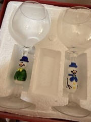 Hand Blown Art Glass Christmas SNOWMAN Stem Goblets Set Of 2 Colorful Holiday