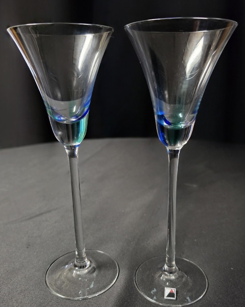 Vintage Opua Art Glass Martini Glasses Blue Green Hand Blown Czech Crystal 9″