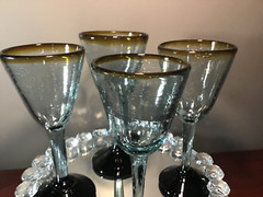 Rustic Hand Blown Goblets Wine Glasses with Brown Base and Rim Set of 4