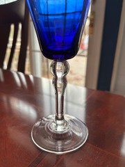 VINTAGE COBALT BLUE WINE GLASS WITH CLEAR STEM 7-5/8″ HIGH