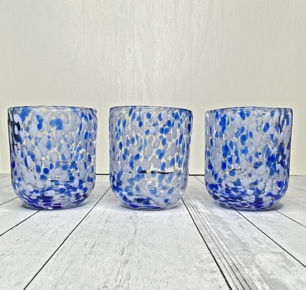 Blue White Confetti Hand Blown Lowball Tumbler Glasses Speckled Swirl Art Glass