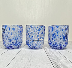 Blue White Confetti Hand Blown Lowball Tumbler Glasses Speckled Swirl Art Glass