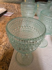 Vintage Style Sage Green Hobnail Beaded Goblets Dbl. Ball Stem Glassware Set (8)