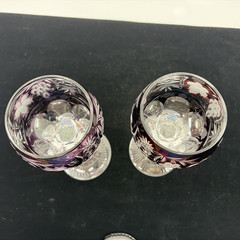2 Ajka Marsala Tall Hock Wine Glasses Cut to Clear Ruby Red Amethyst 8″ Vintage