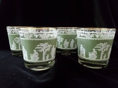 Jeanette Hellenic Green Lowball Glasses. Set of 4. 3 1/8″ x 3 3/4″. Vintage