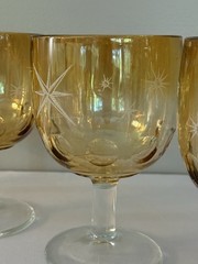 4 Vintage Bartlett Collins Atomic Starburst Amber Thumbprint Goblets MCM