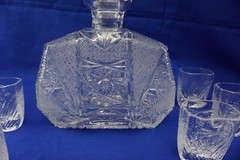 Pasabahce Crystal Decanter, 6 1/4″, with Lid 8 3/4″ & (9) Glasses, 2 1/2″ NWT