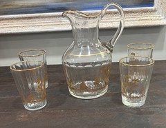 Rare Antique German Bohemian Gold Gild Facet Glass Tumblers & Pitcher Set 5 Pcs