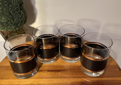 MCM Set Of 4 Vintage Black & Gold Low Ball Cocktail Glasses Mad Men/Lauren Style