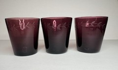 Vintage MCM Amethyst Glass Tumblers Hand Etched Botanical Leaf Pattern Set