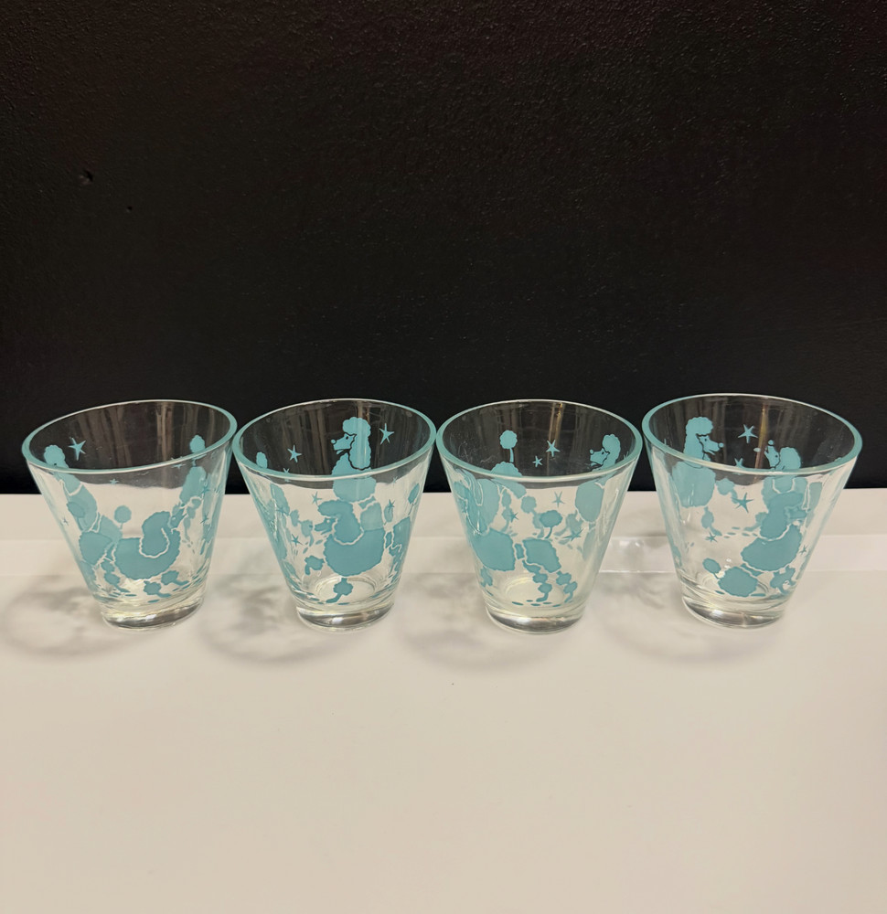 Vintage MCM Hazel Atlas «Atomic Poodles» Turquoise Cocktail Shot Glass Set of 4