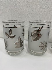 Vintage MCM Libbey Frosted SILVER Foliage Leaf Tumbler 4.5″ Glasses SET Of 4