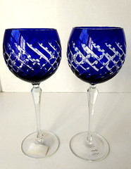 Vintage Handmade Cobalt Cut to Clear Crystal Glass Goblet 9.25″ Height, Set of 2