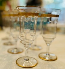 Vtg. Fostoria Monarch (Gold) Encrusted Band, Rim, Base, Etched Cordial Glasses
