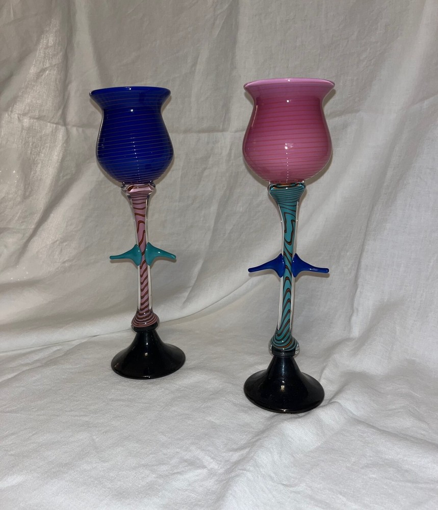 James Van Deurzen matching tulip goblets – Memphis Post Modern Artist Glass