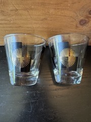 Vtg MCM Atomic Starburst Whiskey/Dble Shot Glasses Gold &Black Barware Set of 2