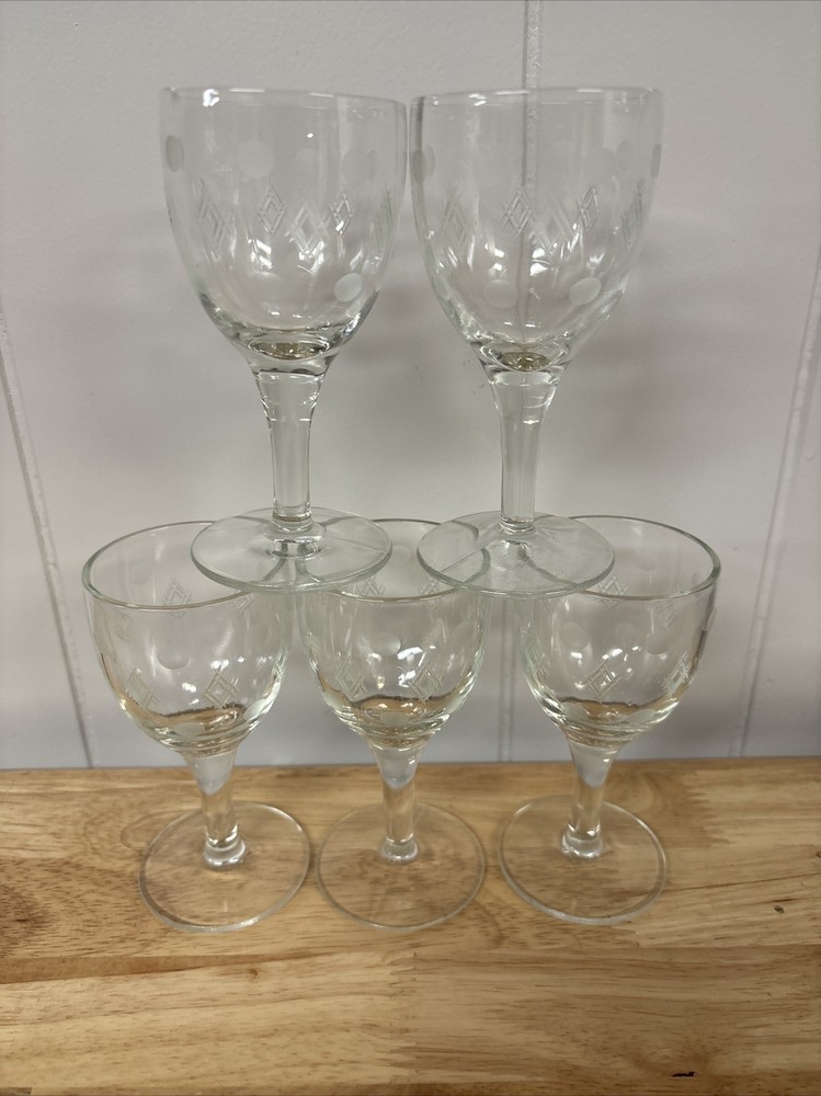 Standard Glass Co Criss Cross & Punties Etched Tall Cordial Sherry Glasses 5