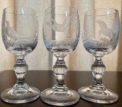 3 beautiful discontinued Vintage etched birds Spiegelau Crystal Cordial Glasses