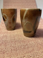 Mark Hewitt Pottery Studio pair of TUMBLERS-glazed-pattern/, WMH P stamp.
