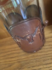 Libbey Bamco Western Highball Glasses 5″ Tooled Leather Sleeves Bull Horse