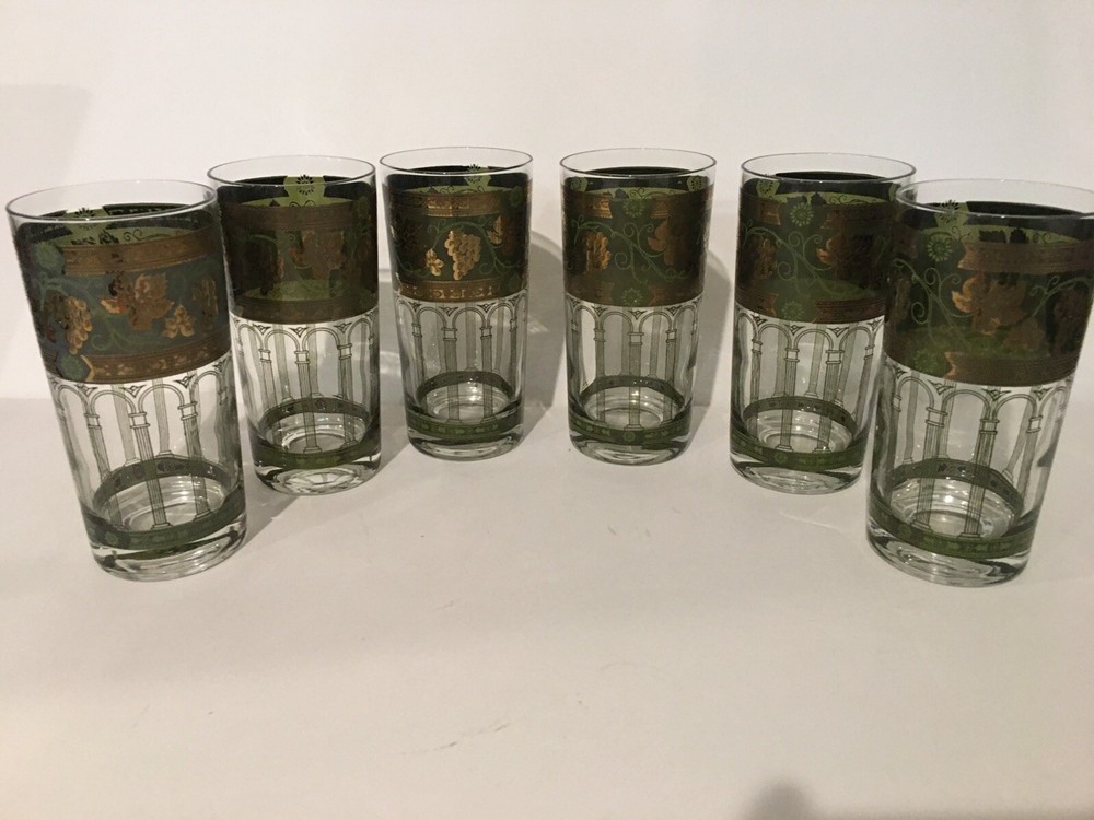 CERA GLASSES GOLDEN GRAPES GREEN HIGHBALL GLASSES SET OF 6 TALL TUMBLERS LEAVES