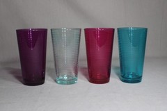 4 PASABAHCE Colored Glasses, Dora Pattern (Rings), Pink Light Green Purple Blue