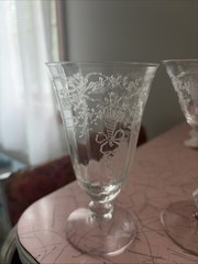 2 Pcs Fostoria Crystal CORSAGE Glass Goblet Etched Tea Goblet & Champagne Coupe