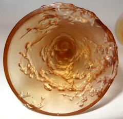 Liuligongfang Art Glass, Amber Ball Stem Square Base Glass 5 7/8″ Set of 2 CHIPS