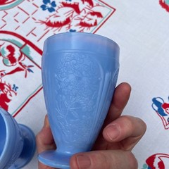 Delphite Blue Cherry Blossom Jeannette Footed 4.5″ tall Tumblers SET OF 2