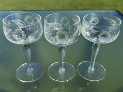 3 W.J. Hughes Cornflower Cordial Crystal Etched Cordials Sherry Glasses Vintage