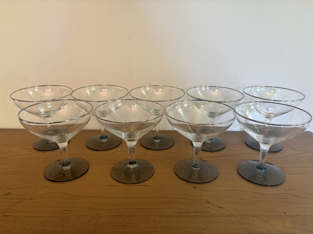 Vintage Gorham Platinum Smoke Crystal Champagne Coupe Glasses 3 7/8″ Set Of 9