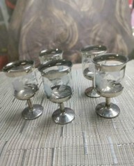 Unmarked Set of 5 Clear Glass Stemmed Goblets Silver-Tone Rim/Base Etched
