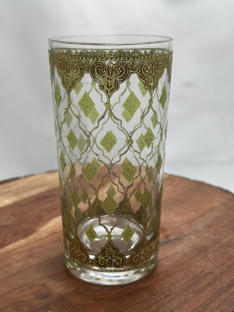 MCM Culver Glass Valencia Gold Gilt 22k & Green Diamond Highball Tumbler 12oz