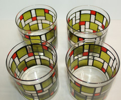 Vtg MCM Cocktail Green Red Black Rocks or Juice Glasses 3 1/2″ T x 3 1/8″ D