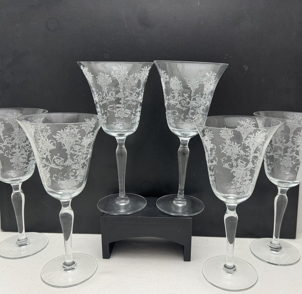 6 Morgantown Mayfair Etch 10oz Water Goblets Vintage Floral Optic Florentine