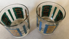 A pair MCM Lowball Glasses with Blue & Green Meander pattern