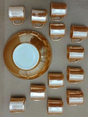 Vintage MCM Fire-King Peach Luster Ware Egg Nog 14 pc Set: Bowl+Stand+12 Mugs