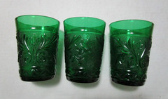3 Anchor Hocking Forest Green Sandwich Pattern 7 OZ Juice Glasses 4″ Tall 1950’s