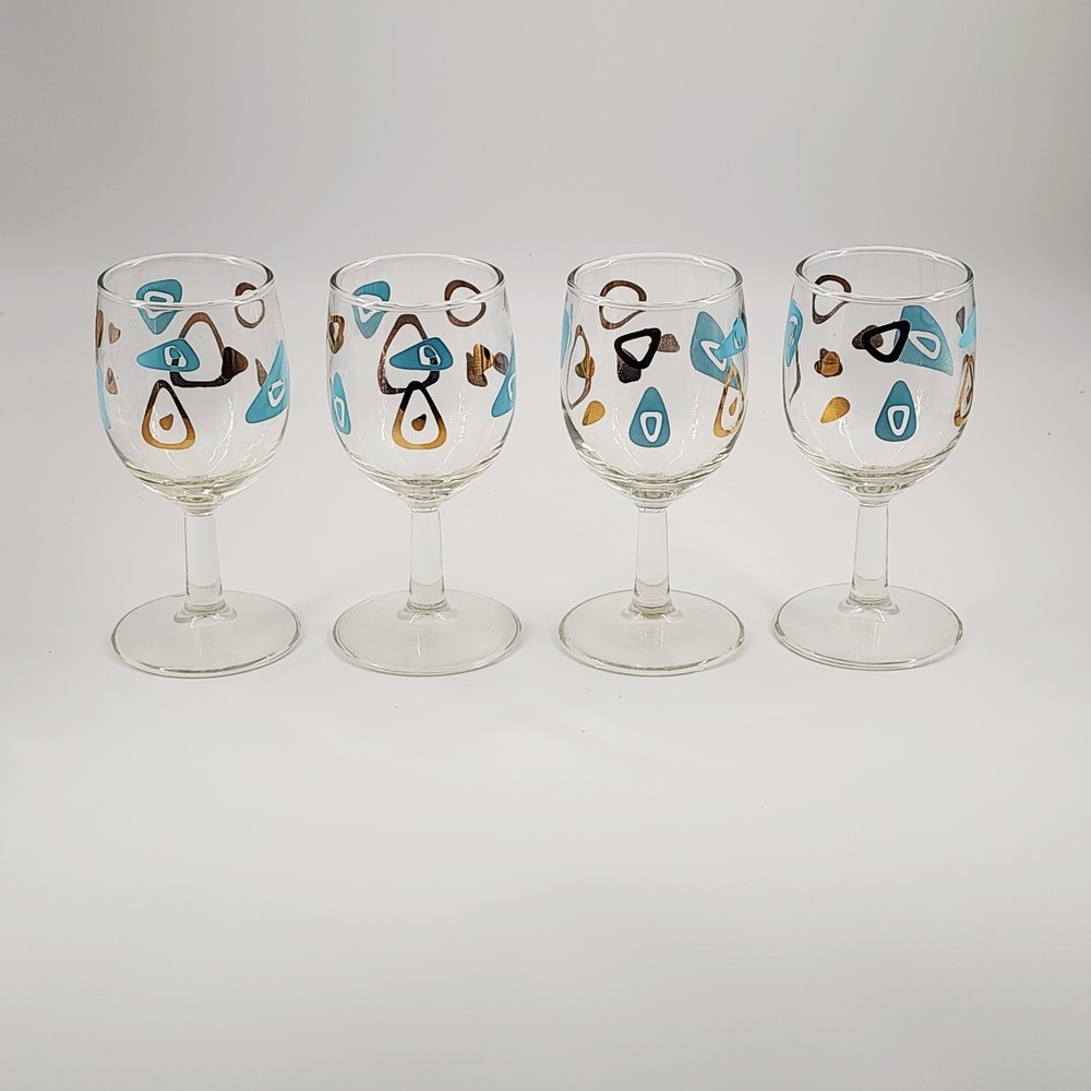 4 Federal Atomic Boomerang Cocktail Wine Stemed Drinking Glasses Turquoise Gold
