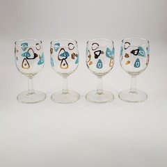 4 Federal Atomic Boomerang Cocktail Wine Stemed Drinking Glasses Turquoise Gold