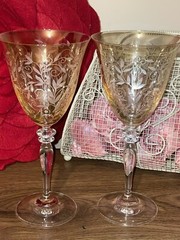 2 ROGASKA VENETIAN AMBER WINE GLASSES, Etched Lead Crystal